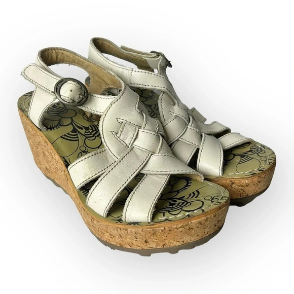 Fly London Grin White Cork Wedge Sandals 38 - Picture 2 of 7